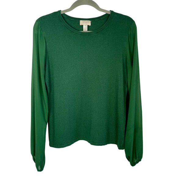 Loft Cotton Blend Sheer Sleeve Sweater Pine Green Sz Large Lightweight Fairycore - Picture 15 of 15